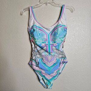 Vintage Gottex Dragonfly Floral One Piece Swimsuit Pastel Blue Pink Purple 12